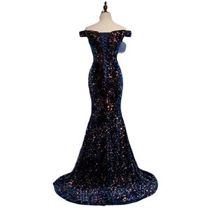 Shimmering Navy Blue V Neck Mermaid Prom Dresses Off the Shoulder Glitter Sequins Pärled Corset Back Evening Pageant Formal Cocktail Dress Gowns