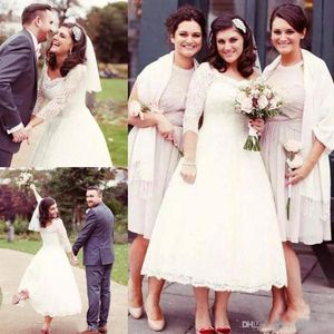Najnowsze krótkie suknie ślubne plażowe vintage długoterminowe suknie ślubne o długim rękawie herbatę Vestidos de novia koronkowe suknie ślubne plus size Brid289c