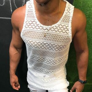 Regatas masculinas Regata para homens Camisas sem mangas com renda oca Roupas masculinas de verão Ajuste fino Roupas de ginástica Treino Colete de cor sólida Tops 230619