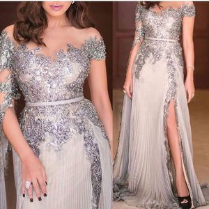 Elegant Arabic Sier Pleats Evening Dresses Chiffon A Line Formal Party Gowns for Women 2023 Gray Lace Appliques Beaded Side Split Sexy Prom Dress