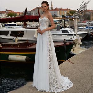 فستان زفاف كامل الدانتيل مع تنورة قابلة للانفصال شيفون الزهور بلا حمال