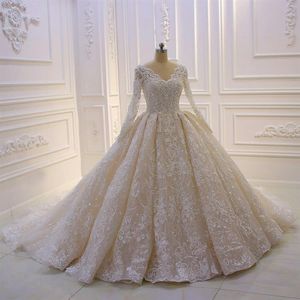 Luxury Ball Gown 2021 Wedding Dresses Full Long Sleeve Lace Beaded V Neck Bridal Gowns Vintage Plus Size robes de mariee2618