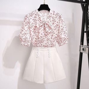 Women's Tracksuits Short White Tailored Trousers Wide Leg Shorts Sets Summer 2 Piece Outfit Retro Chiffon Shirt Polka Dot Crop Tops Blouse