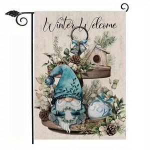 1PC、冬を歓迎するGnome Garden FlagのJoy二重面、装飾ハウスヤードパインツリーブランチPincone Birdhouse Tiered Tray Outdoor Small Decor、