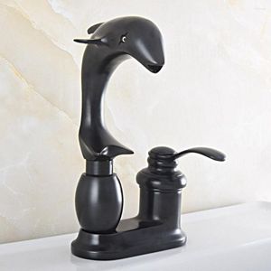 Bathroom Sink Faucets Black Oil Rubbed Brass Dolphin Shape Two Holes Basin Kitchen Vanity 4" Centerset Lavatory Faucet Mixer Tap Asf830