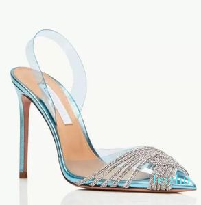 Yaz lüks markaları gatsby kadın sandalet ayakkabı saplama pompaları kristal swirls pvc toecaps sivri uçlu bayan yüksek topuklu
