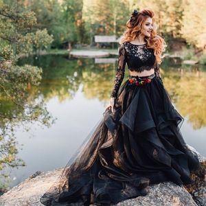 Fashion Black Lace Beach Wedding Dresses A Line Sheer Bateau Neck Two Pieces Bridals Gowns Long Sleeves Tulle Boho vestidos de noi297V