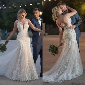 Country Mermaid Wedding Dresses 2019 restido de novia 승무원 목 슬리빙 뒤 등이없는 스윕 기차 아플리케 신부 가운 로브 드 mar272v