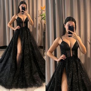 Gorgeous Black Prom Dresses Straps Appliques Glitter Party Evening Gowns Split Formal Red Carpet Long Special Ocn Dress
