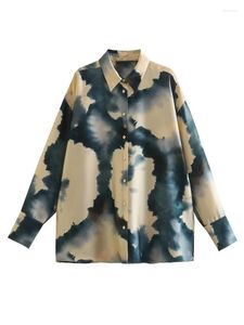 Women's Blouses Women Shirts 2023 Fashion Lapel Crop Vintage Tie-dyed Long Sleeve Side Female Chic Top