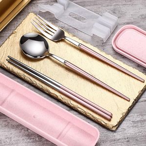 Dinnerware Sets Cutlery Set Three-Piece Stainless Steel Environmental Protection Portable Chopsticks Fork Spoon Travel Box Gift