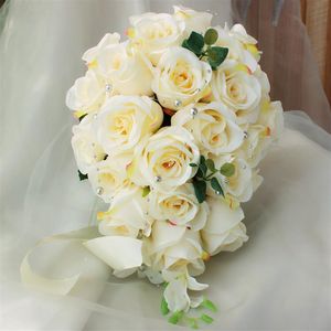 Ivory Rose Artificial Bridal Cascading Bouquet Bride Wedding Flowers Silk Ribbon Buque De Noiva Party Supplies264l