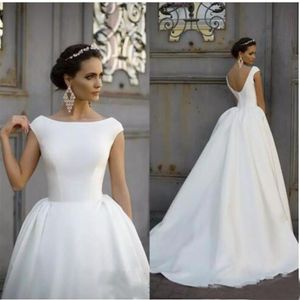 ساتان A Line Wedding Dress 2019 Boat Jewel Neck Ruched Caped Cap Sleeves v Back Plus size size dongr trant