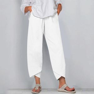 Calça Harém Feminina Vintage Casual Sólido Puro Elástico Cintura Linho Calças de Perna Larga Verão Plus Size Solta Confortável