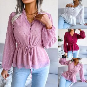 Camicette da donna primavera ed estate lanterna da donna manica lunga volant con lacci in vita camicia a pois in chiffon femminile moda per il tempo libero