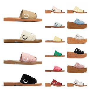 Moda Verão Sandálias Flat Mule Woody Mulheres Famosas Designer Slides Mocassim de Linho Bordado Salto Alto Sapatos Sliders Espadrille Wedge Coach Chinelos Branco Preto