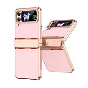 Elektroklokerlenmiş Rhinestone Glitter Cep Telefon Kılıfları Samsung Galaxy Z Flip4 Flip3 Bling Bling Bling tam kapak koruyucu kabuk menteşe mor ile