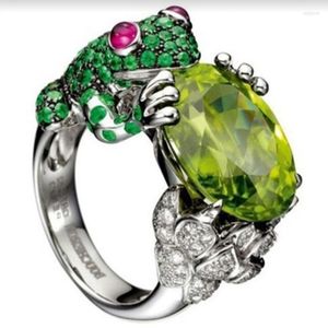 Cluster Rings Cute Frog Shape Finger Ring Vintage Green Cubic Zirconia Hold Crystal For Women Boho Animal Engagement
