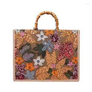 Borse da sera Borsa tote con paillettes Borsa ricamata a mano Borsa da donna in puro lino di lusso in bambù di grande capacità