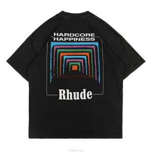 Designer modekläder tees tshirt liten trendig rhude sju färg ramtryck högkvalitet ren bomull tvättad sliten lös kortärmad för män kvinnor