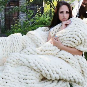 Handmade Chunky Knitted Blanket Thick Yarn Merino Wool Bulky Knitted Blanket Warm Winter Sofa Bed Home Decor Throws Blankets