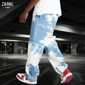 Herren Jeans Drop Men Casual Loose Straight Denim Hosen Tie Dye Print Himmelblau Lange Hose 230619