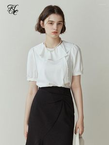 Damskie bluzki fsle ruffe trymowanie okrągła szyja solidna koszula boczny projekt Placket Women French Short-Sleeved Szyfonowa bluzka Summer Simple Top