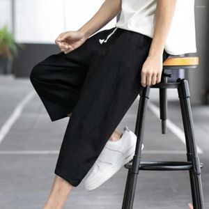 Men's Pants Men Cropped Summer Breathable Baggy Harem Solid Color Drawstring Pockets Cotton Linen Joggers Trousers