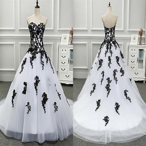 Niesamowite czarno -białe sukienki ślubne księżniczki ślubne suknie ślubne prawdziwe po aplikacji koronkowa sukienka bez pleców 2864