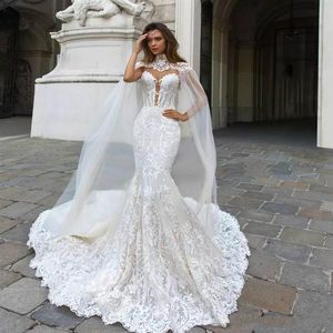 New Luxury Mermaid Wedding Dresses Sweetheart With Cape Wrap Keyhole Lace Appliques Sleeveless Illusion Court Train Plus Size Brid252o