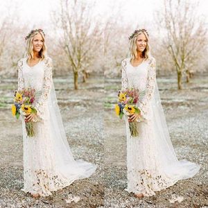 Romantic Boho Wedding Dresses Long Sleeve Neck A Line Full Lace Country Style Bridal Gown Custom Made3018