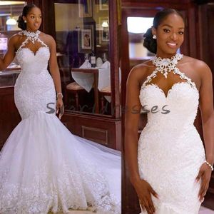 Black Girls Mermaid Wedding Dresses African Halter Neck Appliques Lace Church Wedding Dress 2021 Plus Size Country Beach Sexy robe282q