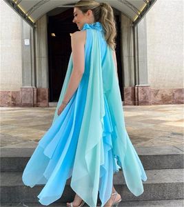 Kontrast mavi maxi gece elbise 2023 zarif yüksek boyun şifon çiçek yaka boho balo elbiseler şık plaj arapça mütevazı resmi vestidos de noche dubai abaya şık