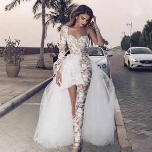 Attractive Beaded Lace Jumpsuit Wedding Dresses One Shoulder Long Sleeve Overskirt Bridal Gowns A Line Appliqued robe de mariee265A