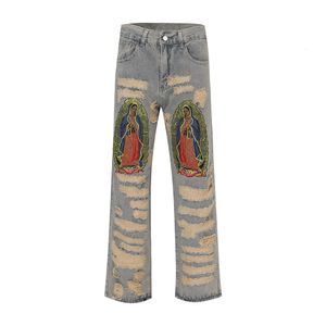 Y2K Hole Estruerad broderi baggy denim byxor unisex raka hiphop löst jeans rippade casual herrar lastpanrs överdimensionerade 230619