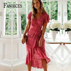 Casual Dresses Red Dot Print Boho Long Chiffon Summer Beach Elegant Midi Women's Dress Floral V-ringar Folds Ruffles Wrap Dresses Split Vestidos J230619