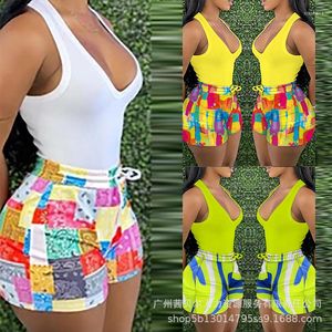 Kvinnors träningsdräkter Casual Tank Top Geometric Print Drawstring Shorts Set Women Summer Fashion Sleeveless Camis Tanks Tops High midjan