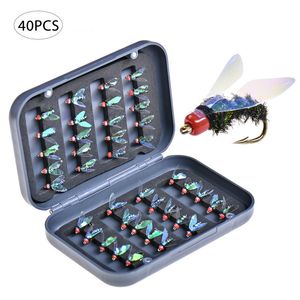 Baits Lures 40PCSbox Fly Fishing Bead Head Fast Sinking Nymph Scud Fly Bug Worm Trout Fishing Flies Kit Artificial Insect Fishing Bait Lure 230619