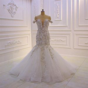 2019 Vintage 3D Lace Flowers Mermaid Wedding Dresses Luxury Off Shoulder Sequined Beaded Plus Size Bridal Gown Real Pictures291c