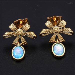 Stud Earrings Cute Female Small Oval Yellow Gold Silver Color Wedding Boho White Blue Opal For Women