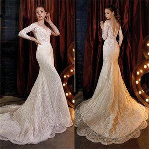 2020 Illusion Mermaid Abiti da sposa Sweetheart Maniche lunghe Appliqued Perline Paillettes Abito da sposa Corte dei treni Custom Made Vestido177B