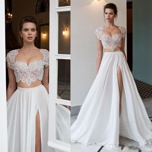 2020 Riki Dalal Two Pieces Beach A Line Wedding Dresses Beaded High Side Split Lace Applique Kort ärmar Chiffon Bridal Gowns249q