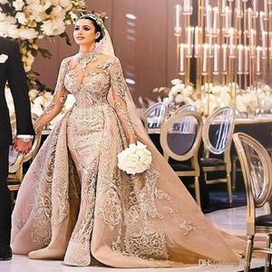Nowy arabski Dubai Wspaniała wysoka szyja suknia ślubna z długim rękawem 2022 Syrenka koronkowe aplikacje Odłączane pociąg ślubny Suknie nośne Vestido318l