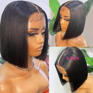 Peruca frontal de cabelo humano com renda, 13x6x1, transparente, curto, bob, com cabelo de bebê, para mulheres negras, fechamento 5x5x1