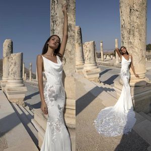 Modest Pnina Tornai Simple Mermaid Wedding Dresses Spaghetti Sleeveless Lace Applique Wedding Gown Sweep Train robe de mariee204Y