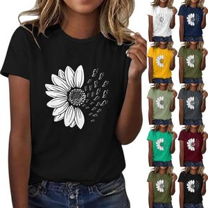 Women's Blouses Women's Shirts Daisy Print Short Sleeve Casual Weekend Flowers Y2k Basic Street Black And White Yellow Round Neck Top