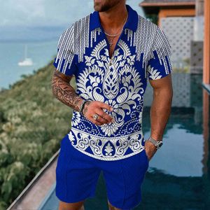 Herrspårspårspolosuit Polo Shirt 2 Piece Outfit Summer Retro Totem Print Cools Man Fashion Luxury Hawaiian Beach Vacation Short Sleeve 230619