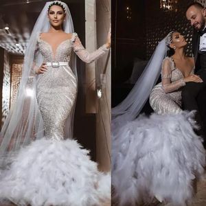 2022 Luxury Sparkly Mermaid Wedding Dresses V Neck Sequins Beaded Feather Long Sleeves Bridal Gown Tiered Ruffles Sweep Train Vest238T