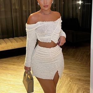 Work Dresses 2pcs Women's Bodycon Dress Long Sleeve Round Neck Cropped Top Asymmetrical Zip Skirt Embroidered Flares Sets For Women