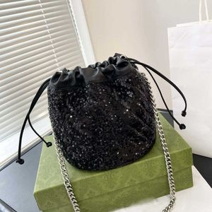 Lyxvarumärkesdesign G Bucket Bag -paljetter med läder Vegetabilisk korg Handväska Bling Evening Party Black Single Messengers Pures 230619